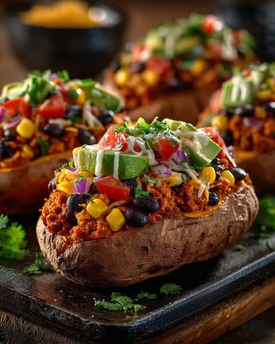 Healthy turkey taco stuffed sweet potatoes topped with fresh ingredients.