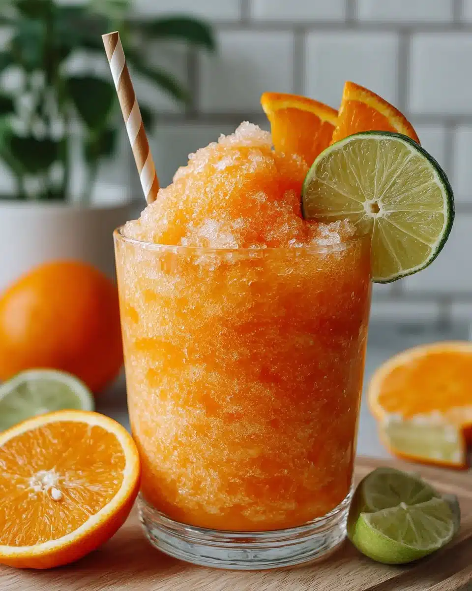 A refreshing homemade Citrus Energy Slushie in a clear glass topped with fresh citrus slices.