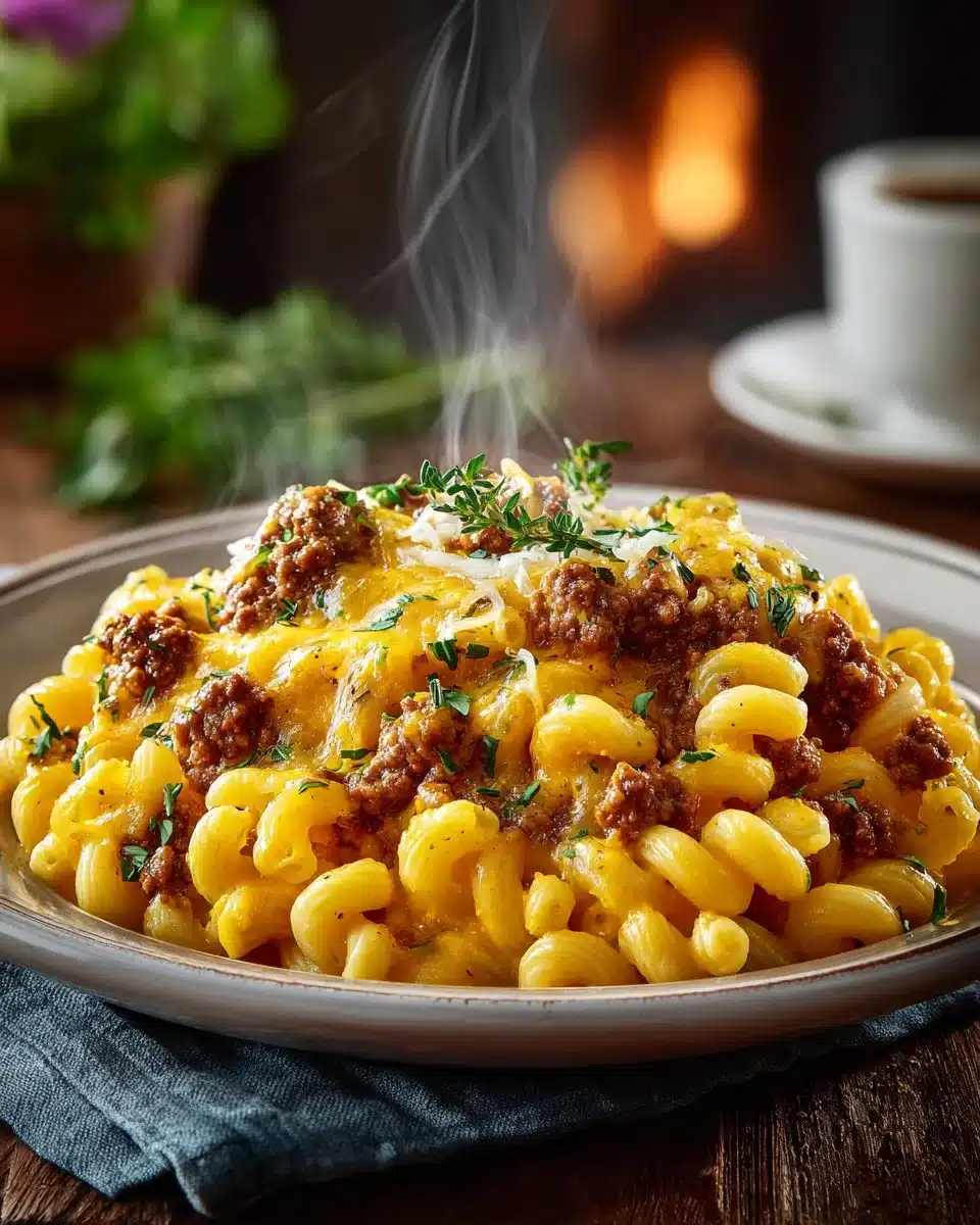 Bowl of homemade hamburger helper with vegetables and cheese, a comforting dish.