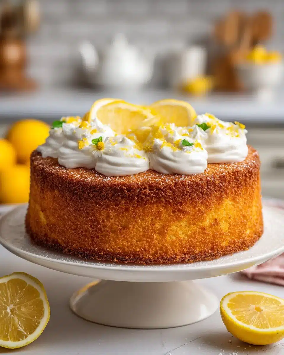 Homemade lemon chiffon cake topped with lemon zest on a white plate.