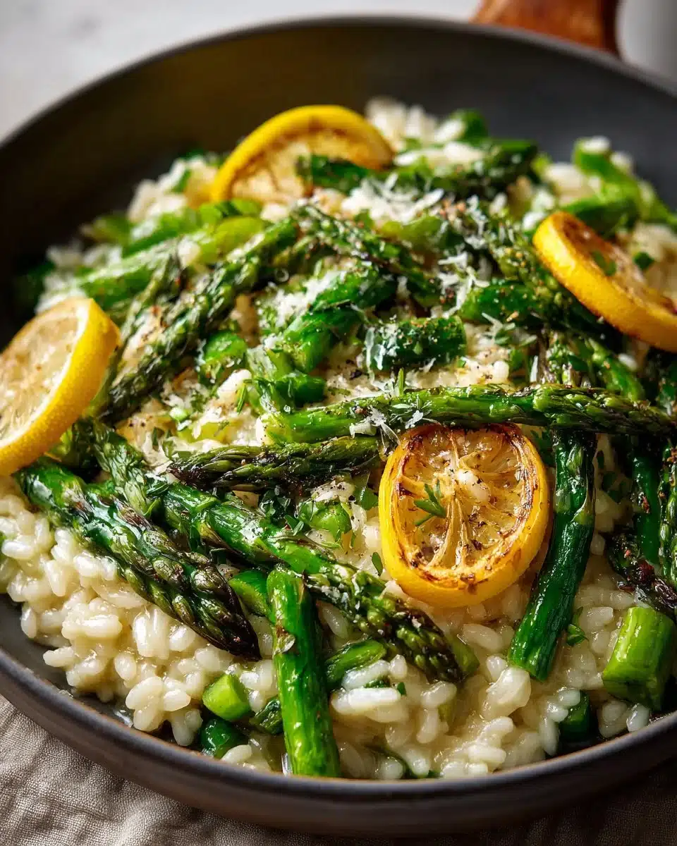 Creamy Lemon Asparagus Risotto topped with fresh herbs in a bowl.