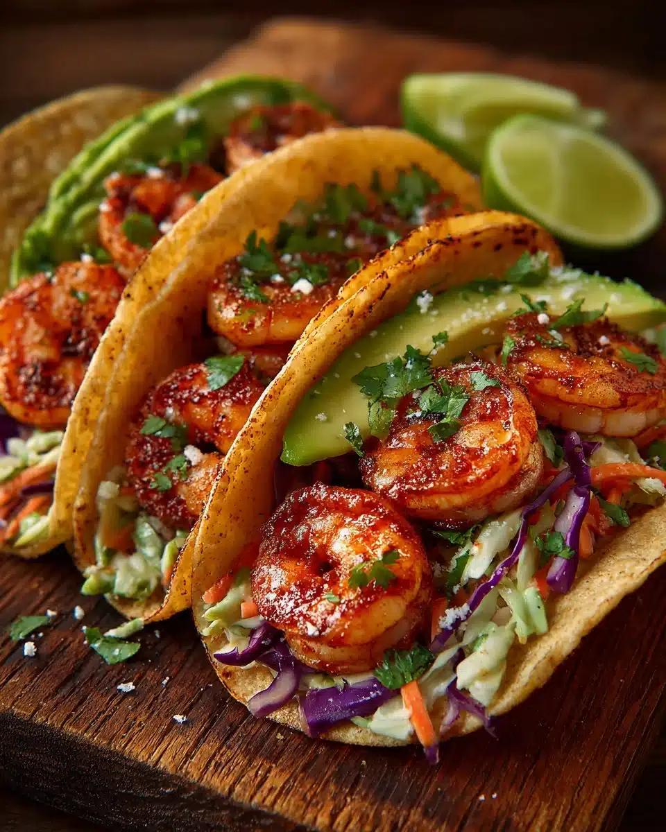 Light and fresh shrimp tacos served with tangy slaw on a plate