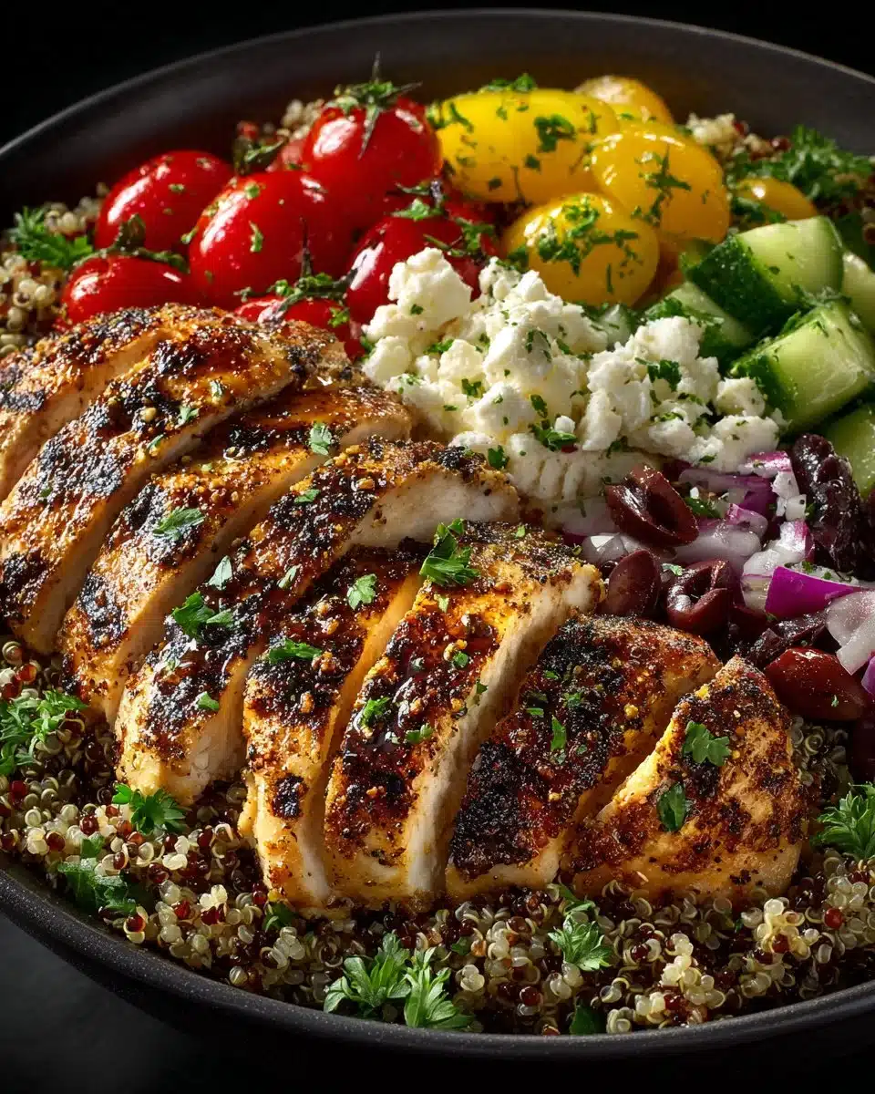 Mediterranean Quinoa Bowl topped with grilled chicken and fresh vegetables