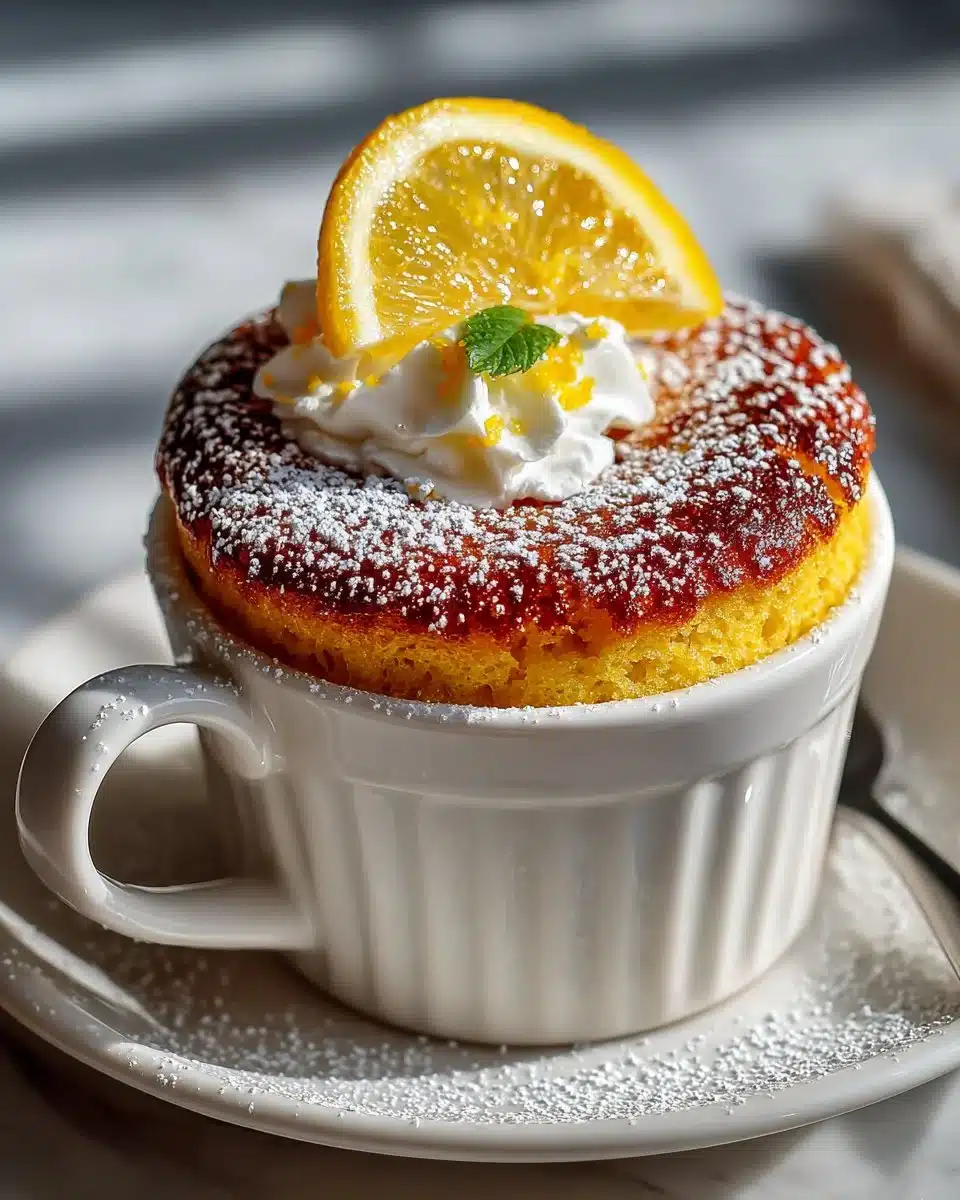 One-minute lemon mug cake in a ceramic mug topped with lemon zest.