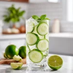 Refreshing cucumber lime water in a glass with fresh slices