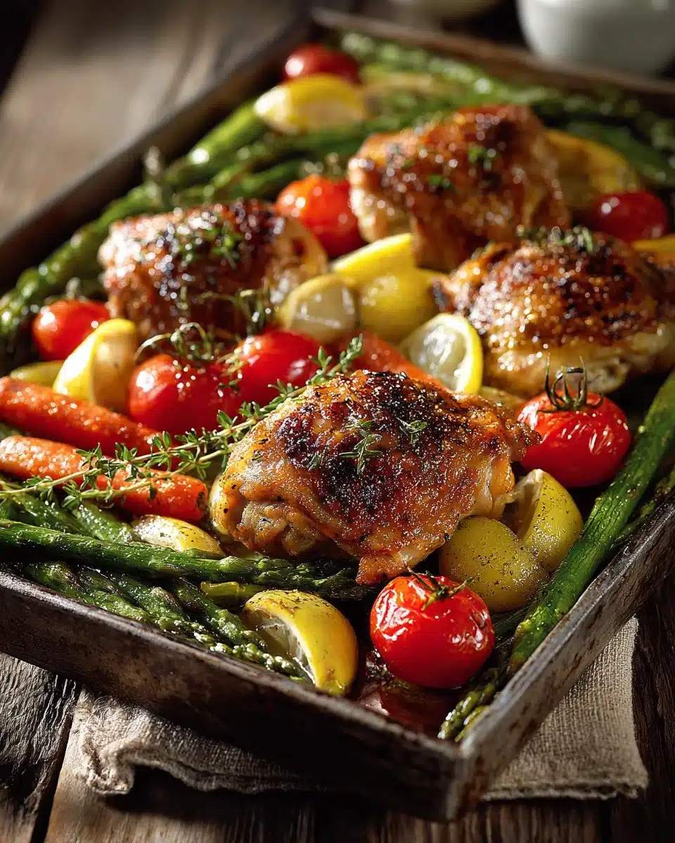 Sheet Pan Chicken with colorful spring vegetables on a baking tray