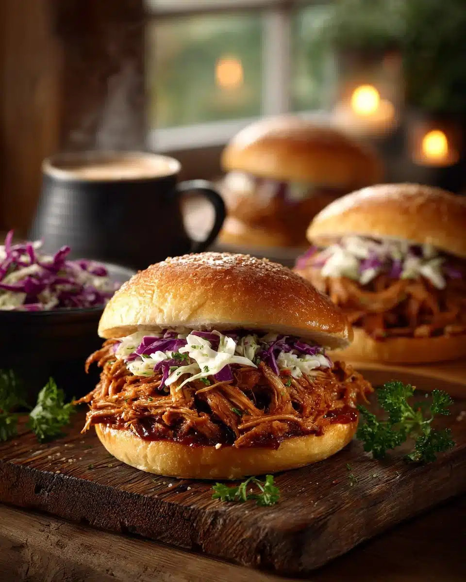 Slow cooker pulled pork sandwiches served with coleslaw and pickles