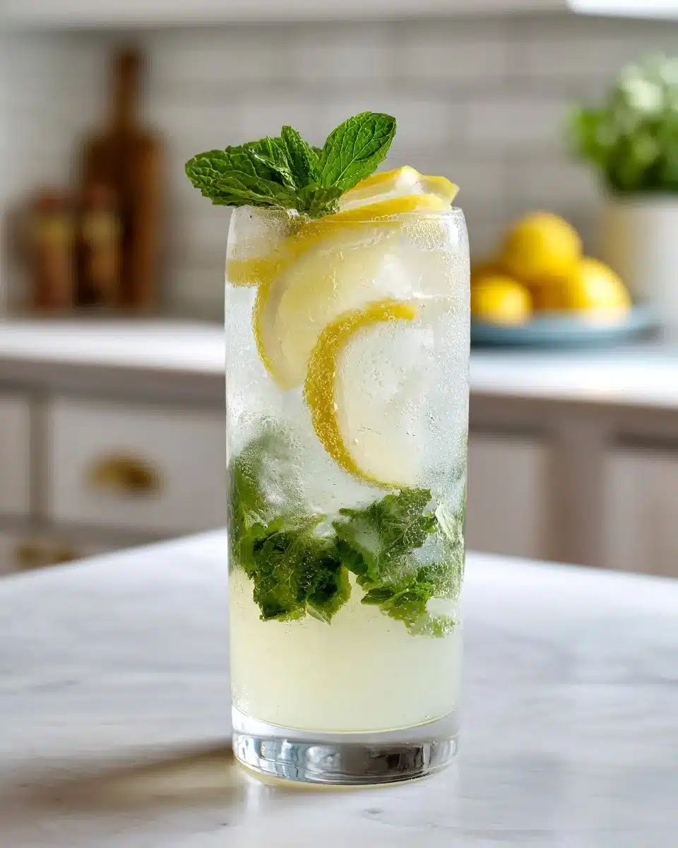 Sparkling Lemon Mint Cooler served in a glass with mint leaves and lemon slices.