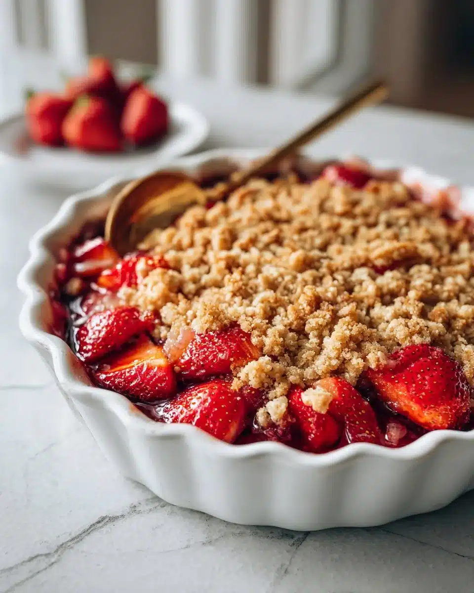 Delicious traditional strawberry rhubarb crisp dessert in a baking dish.