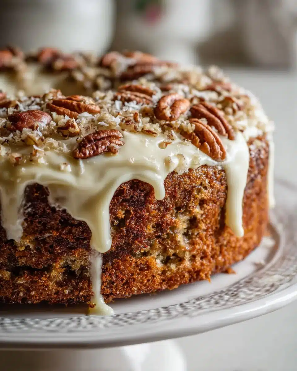 Delicious warm Hummingbird Cake topped with cream cheese frosting and nuts