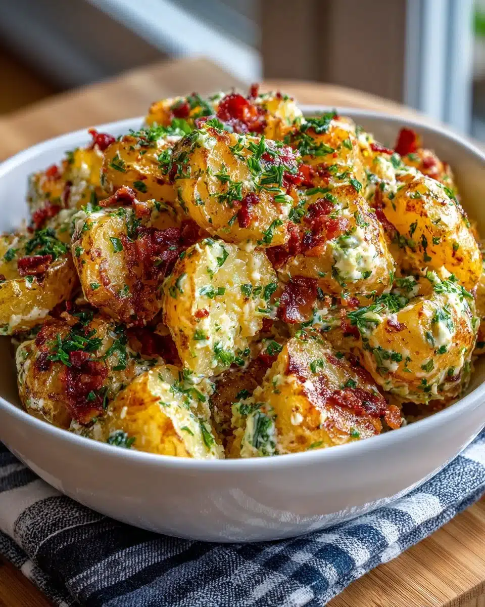 Crispy smashed potato salad with vibrant ingredients and garnishes