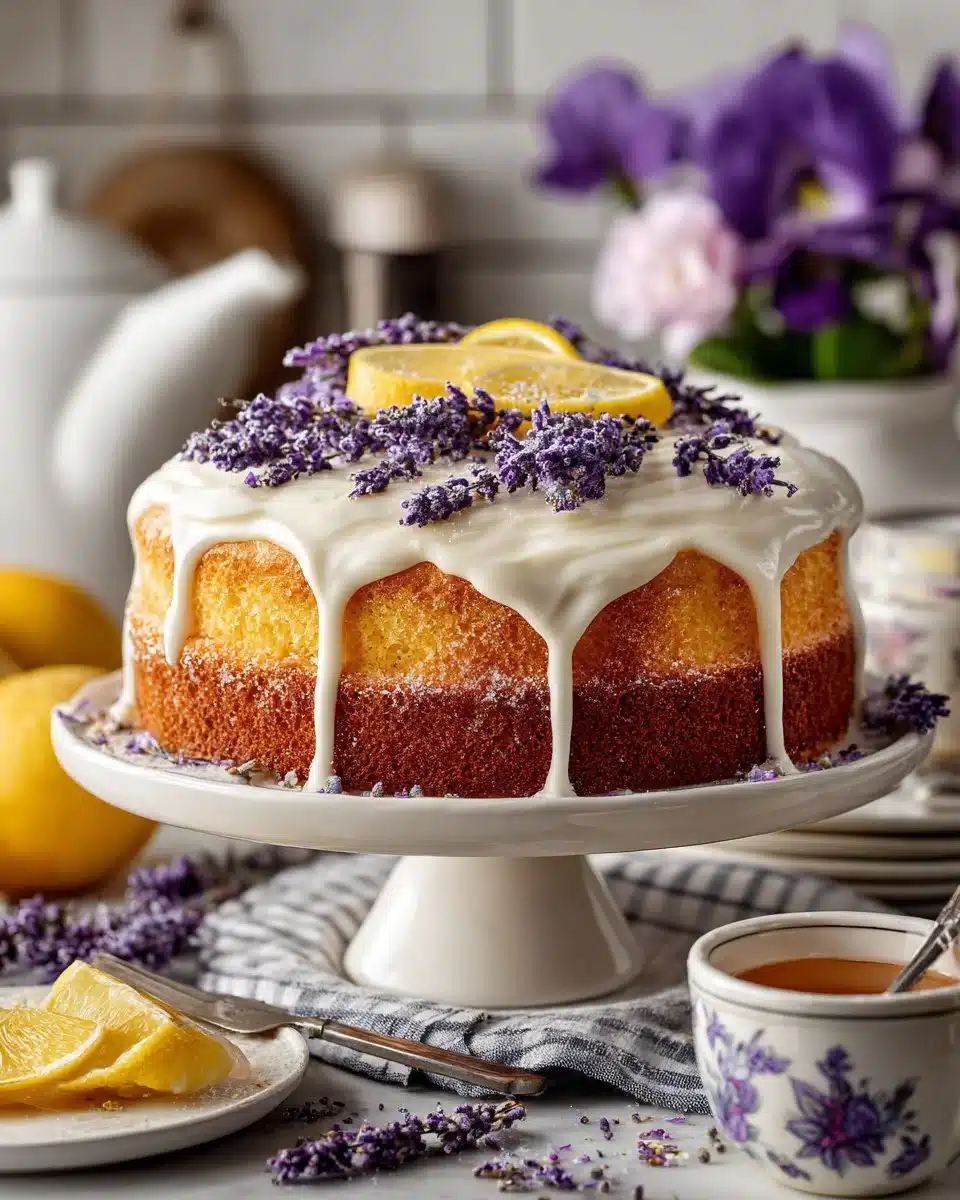 Slice of Lavender Lemon Dream Cake with purple lavender and lemon zest on top.