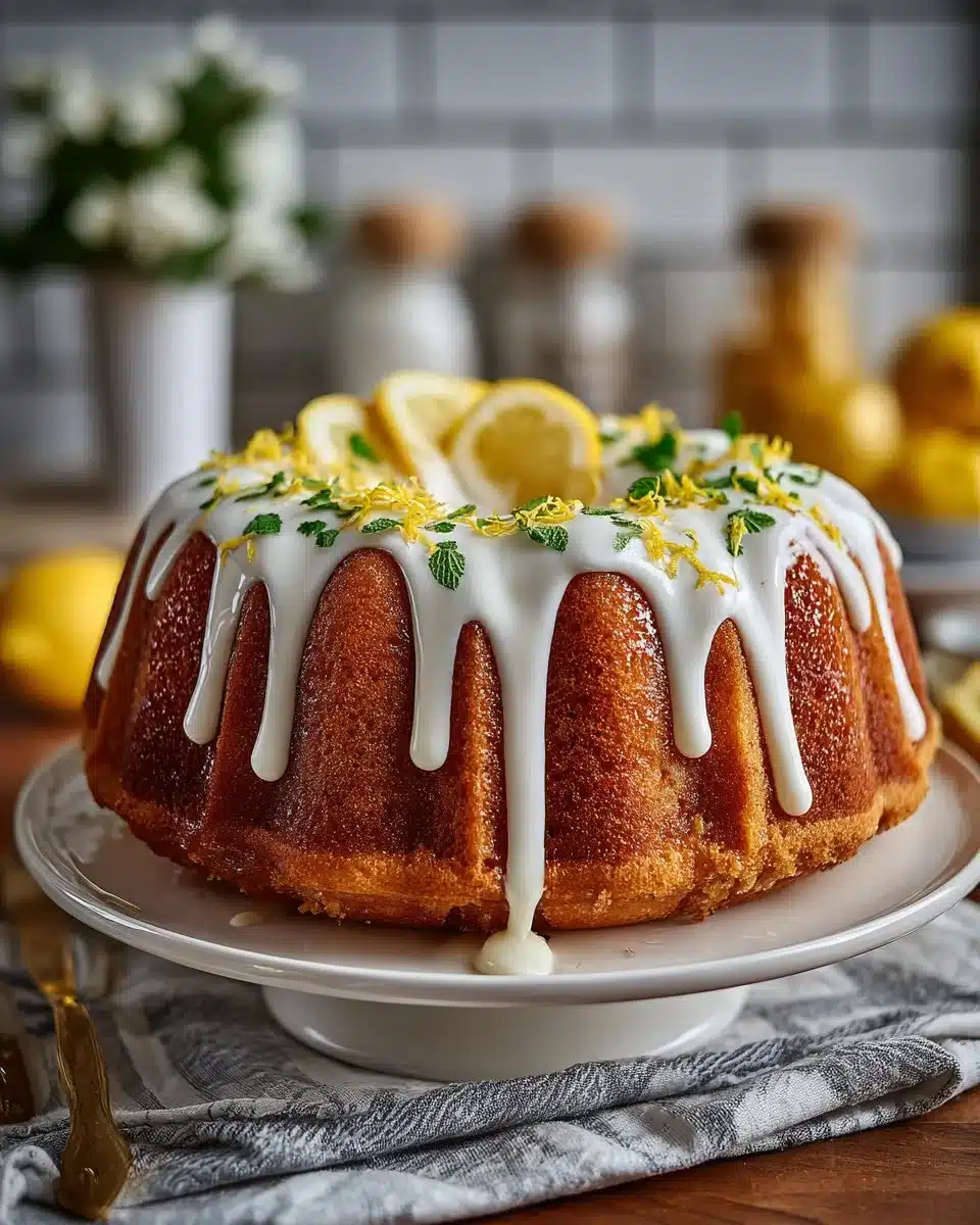 Lemon Elderflower Bundt Cake adorned with lemon zest and flowers