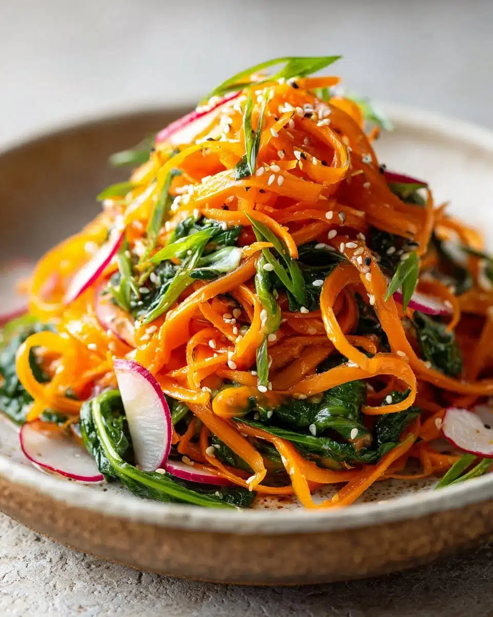 Miso crunch salad with vibrant carrots and radishes in a bowl