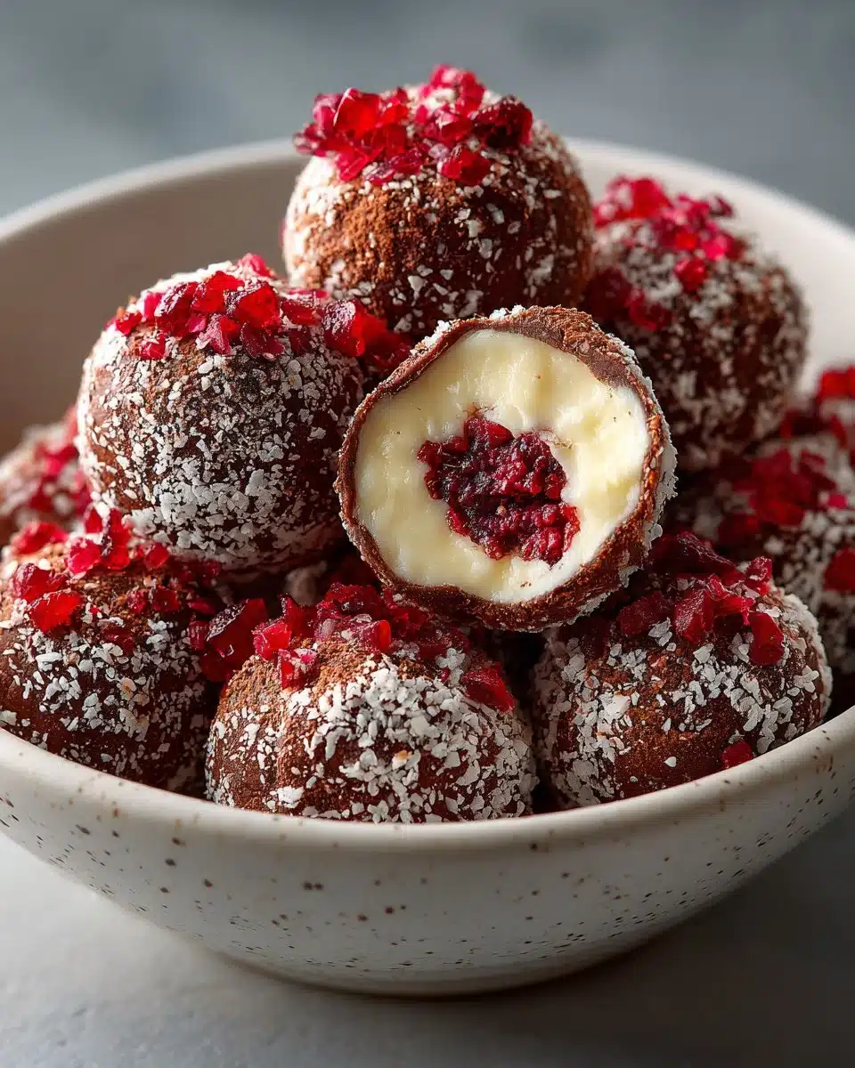 Mother's Day raspberry truffles arranged in a gift box.