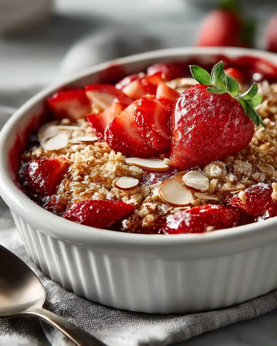 Delicious bowl of Strawberry Rhubarb Almond Crisp topped with crunchy almond streusel.