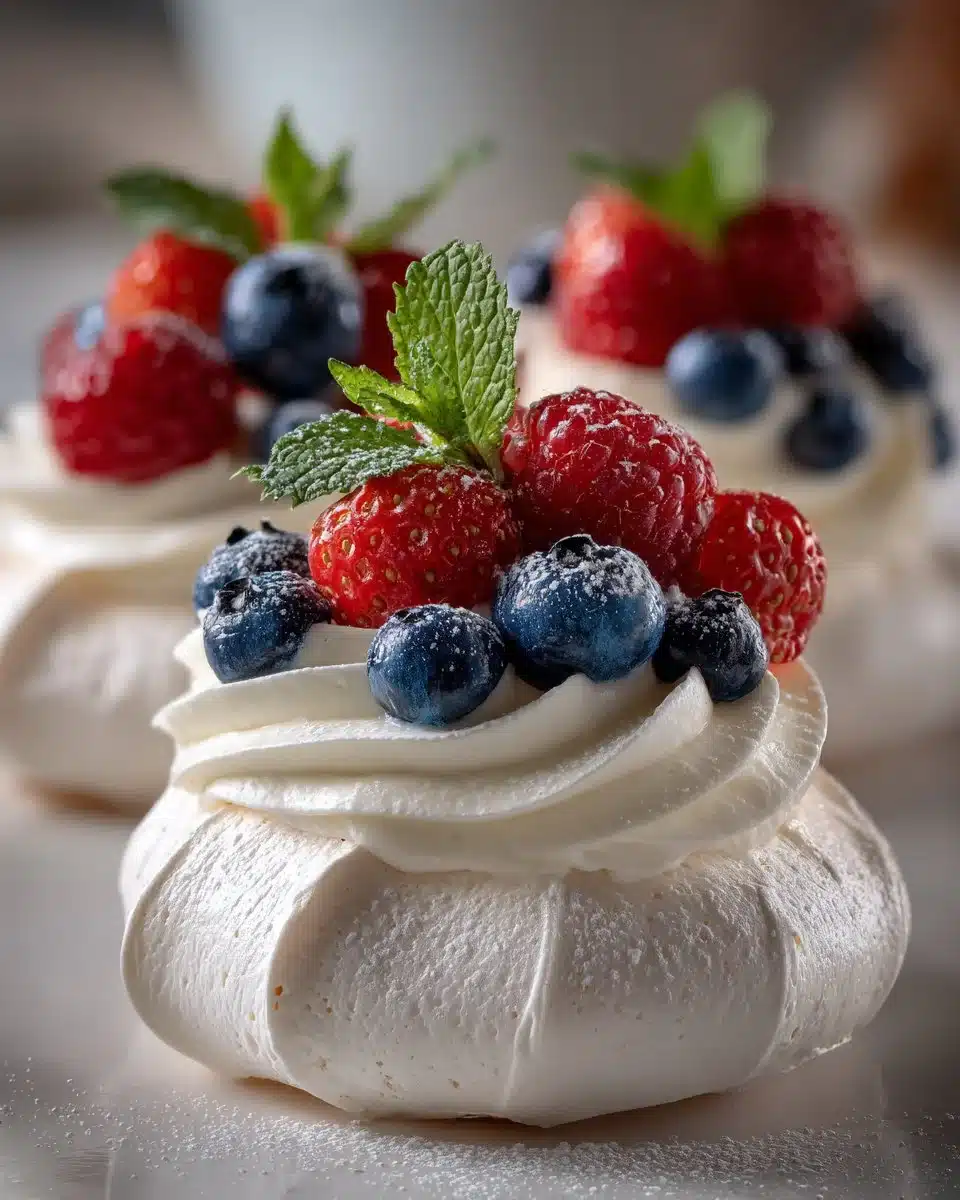 4th of July Berry Pavlova Nests topped with fresh berries and whipped cream