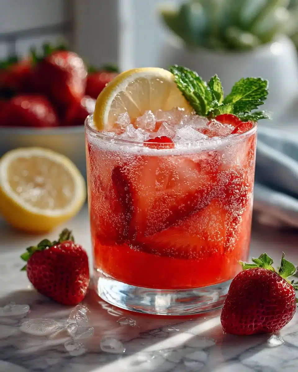 Refreshing strawberry rhubarb lemonade mocktail for 4th of July celebration