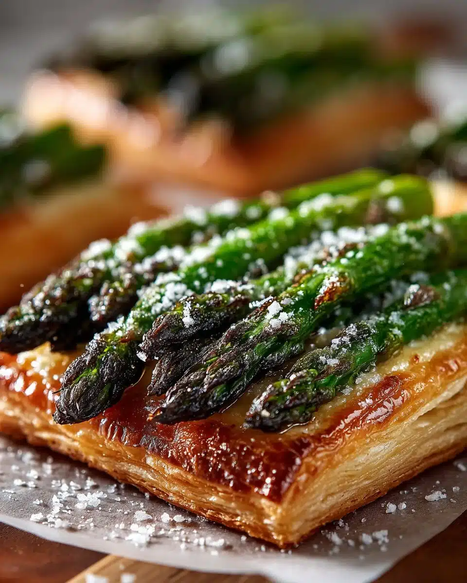 Delicious Asparagus and Gruyere Tart on puff pastry, garnished with herbs.