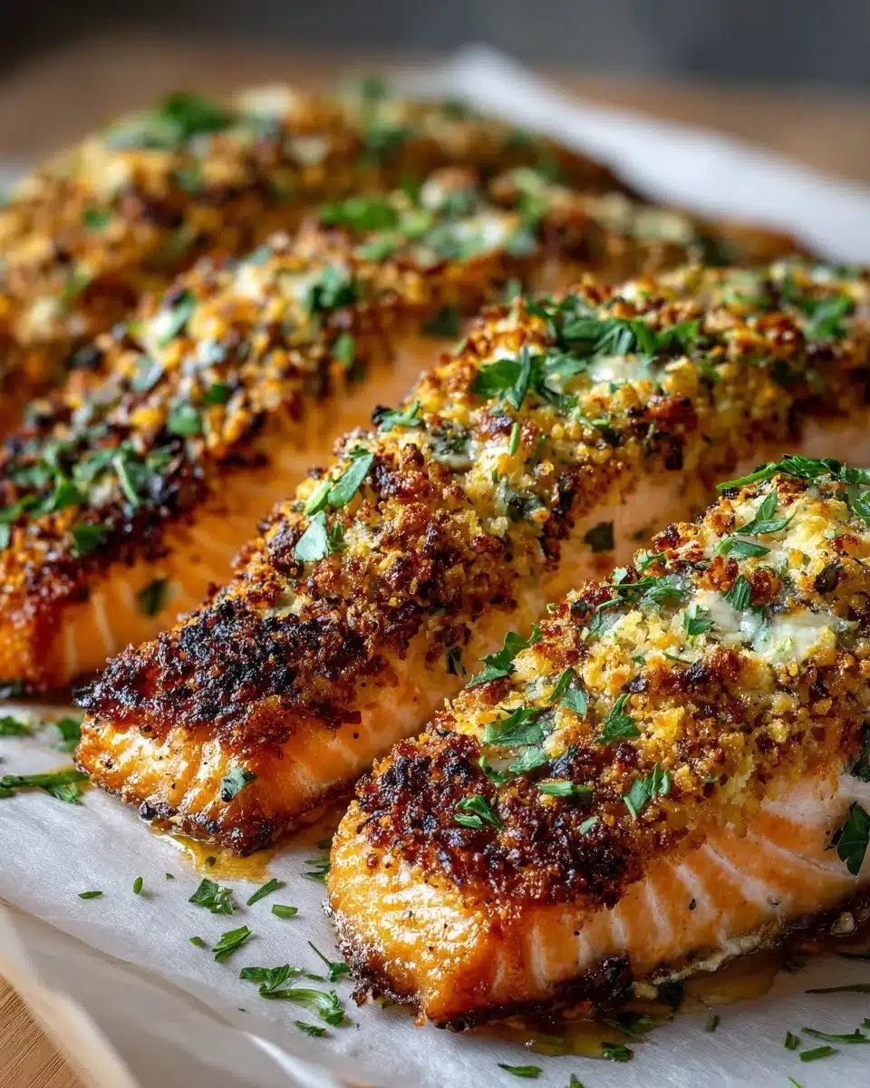 Baked almond crusted trout served on a plate with fresh herbs