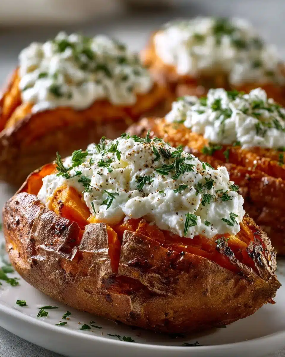 Baked sweet potatoes topped with Greek yogurt and herbs in a rustic dish