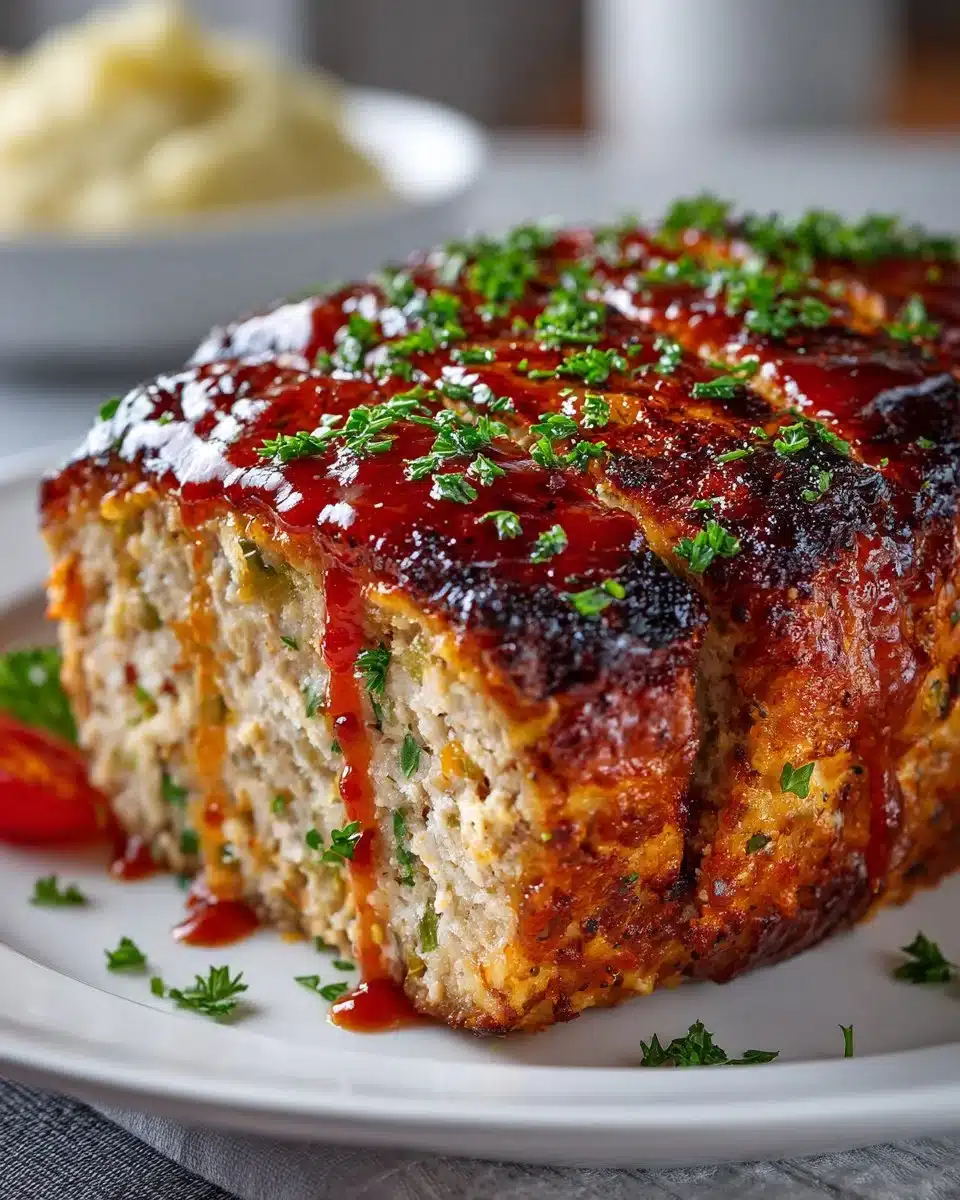Baked turkey meatloaf with a tangy glaze served on a platter