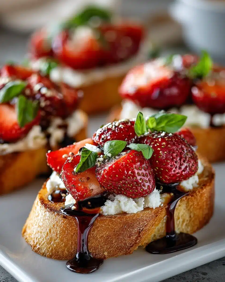 Balsamic glazed strawberry crostini topped with fresh herbs