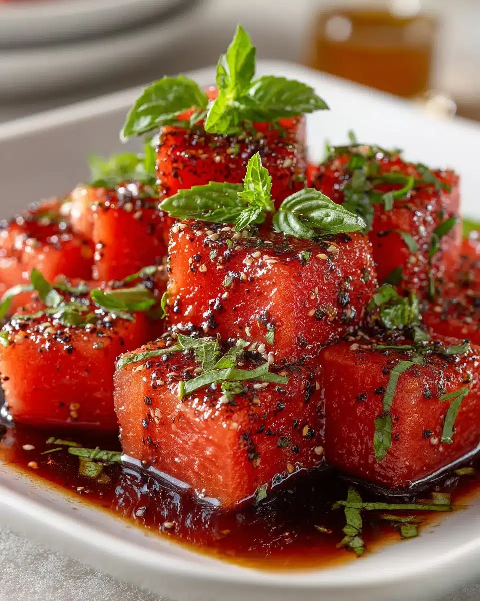 Balsamic glazed watermelon bites topped with herbs on a serving platter.