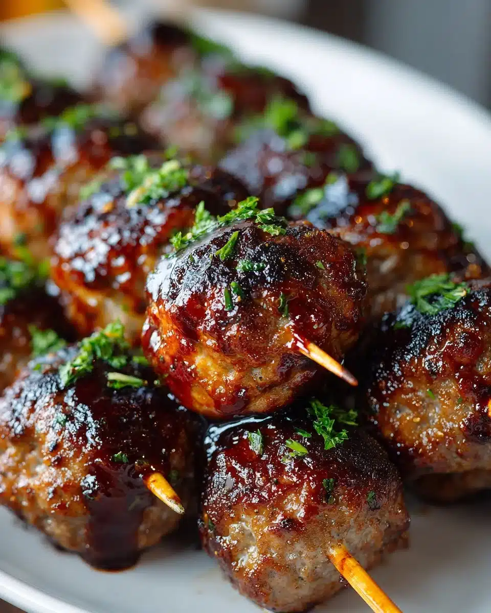 BBQ glazed Halal meatball skewers ready for grilling