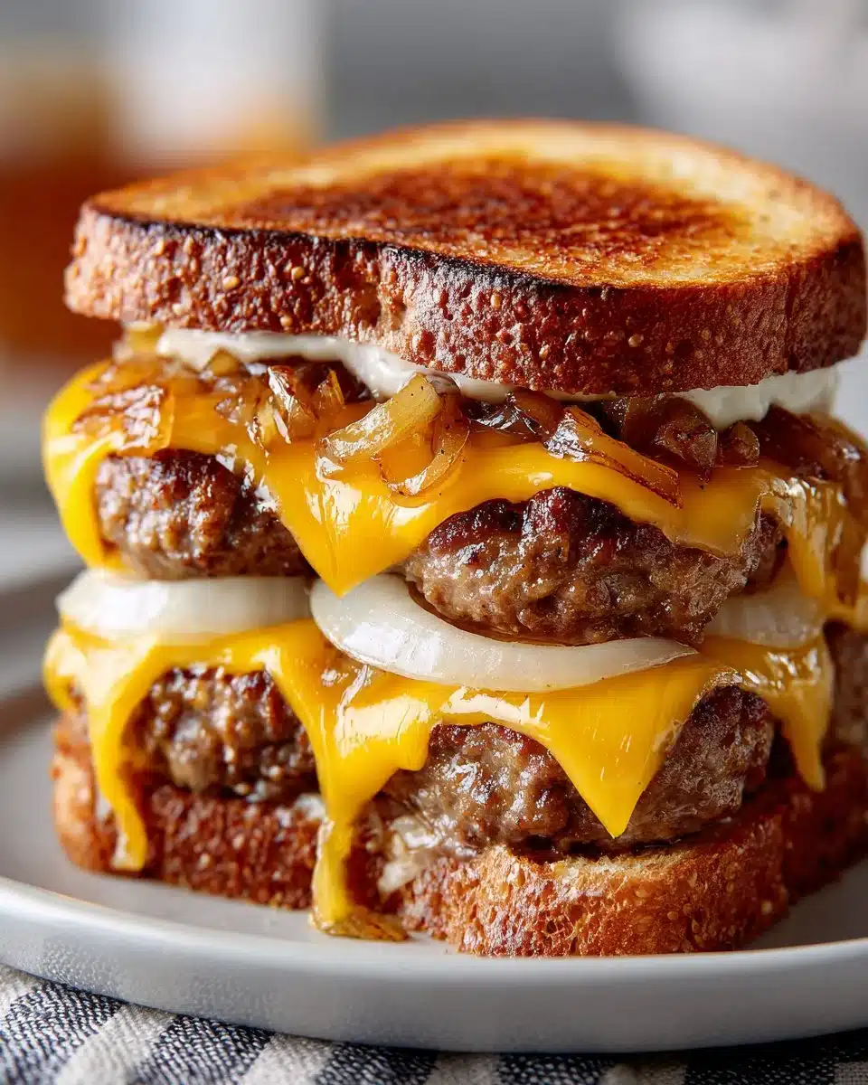 Beef patty melts served with caramelized onions on a toasted bun