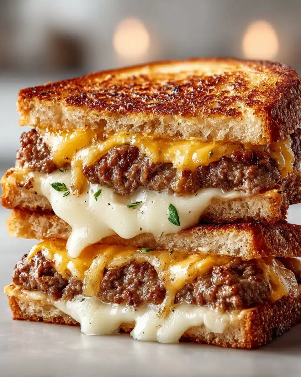 Delicious beef patty melts topped with Swiss cheese, served on grilled bread.