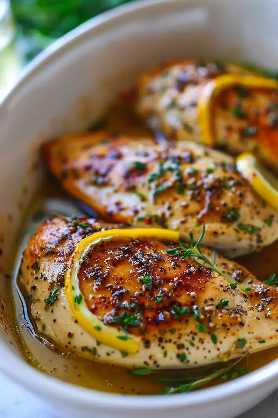 Delicious baked lemon herb chicken breast served with fresh herbs