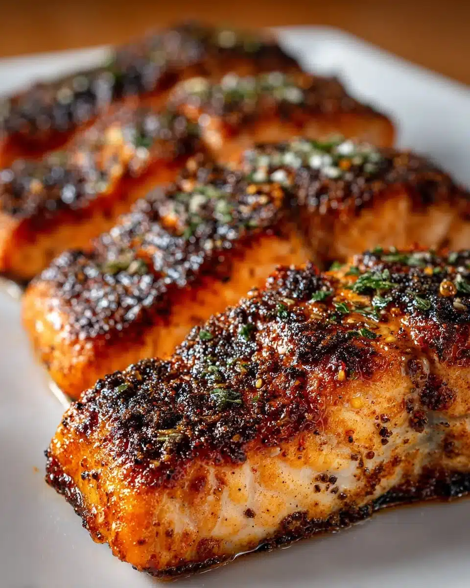 A plate of Cajun blackened salmon fillets garnished with lemon and herbs