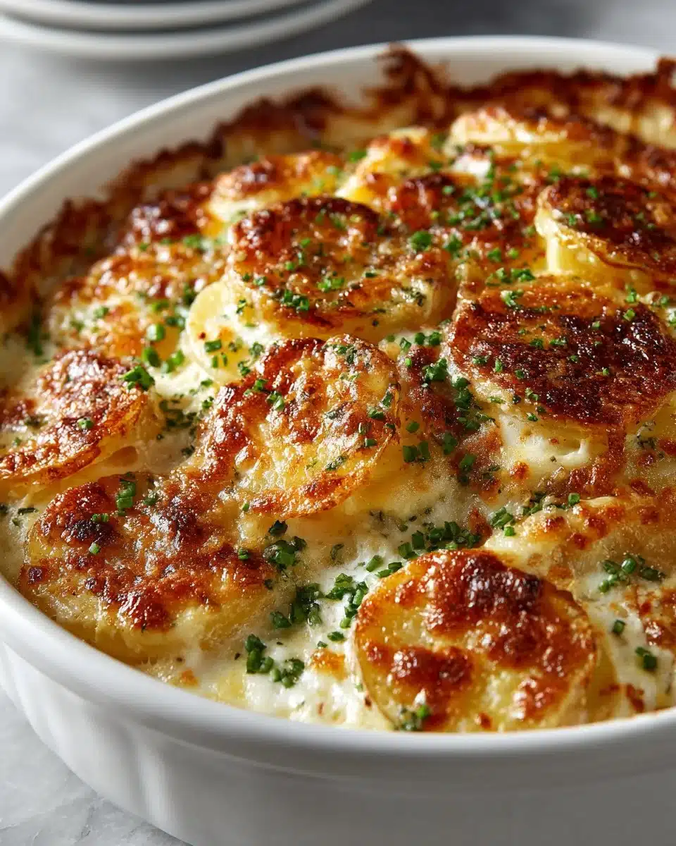 Best cheesy baked scalloped potatoes in a casserole dish with cheese bubbling on top.