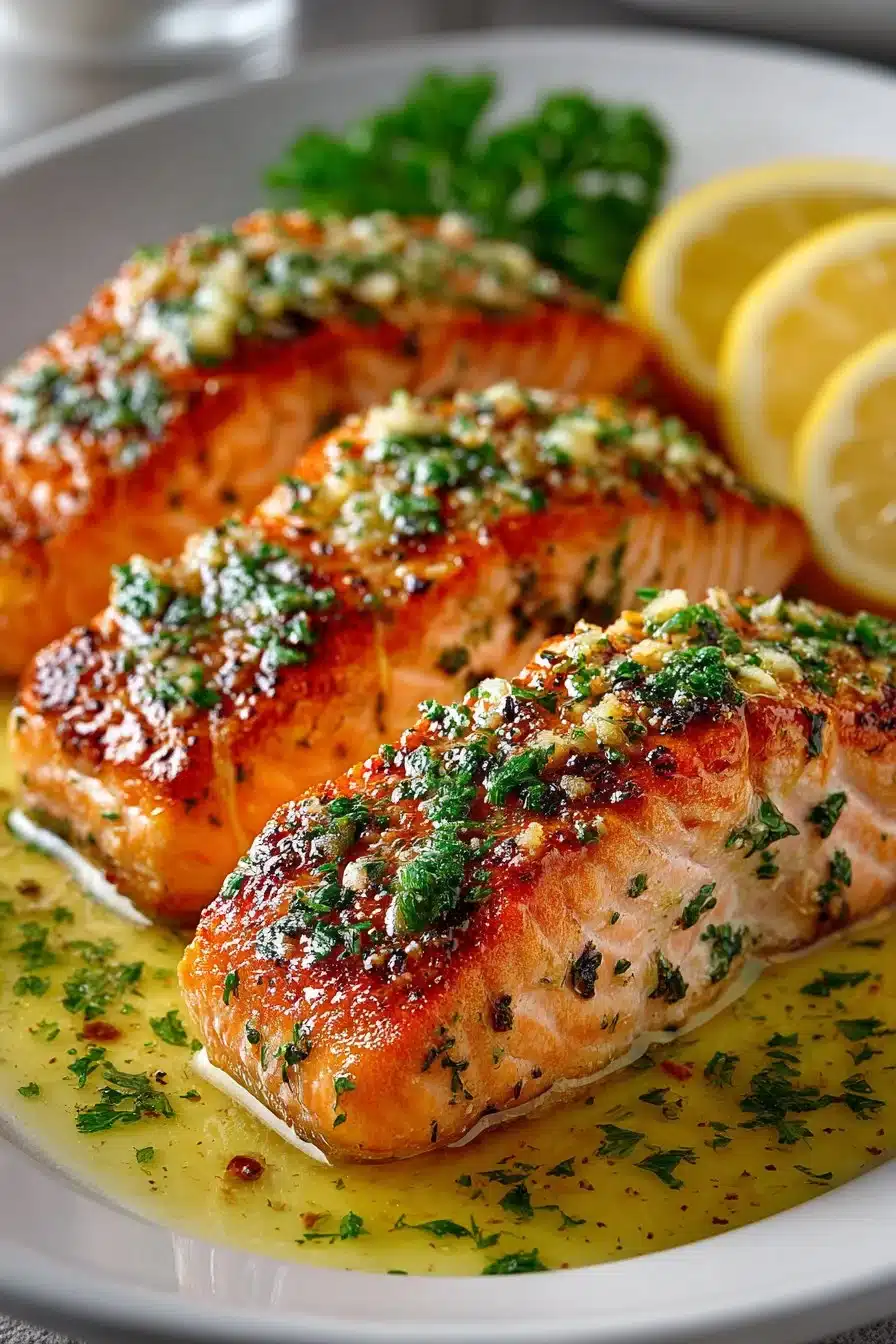 Delicious baked salmon with garlic butter served on a plate