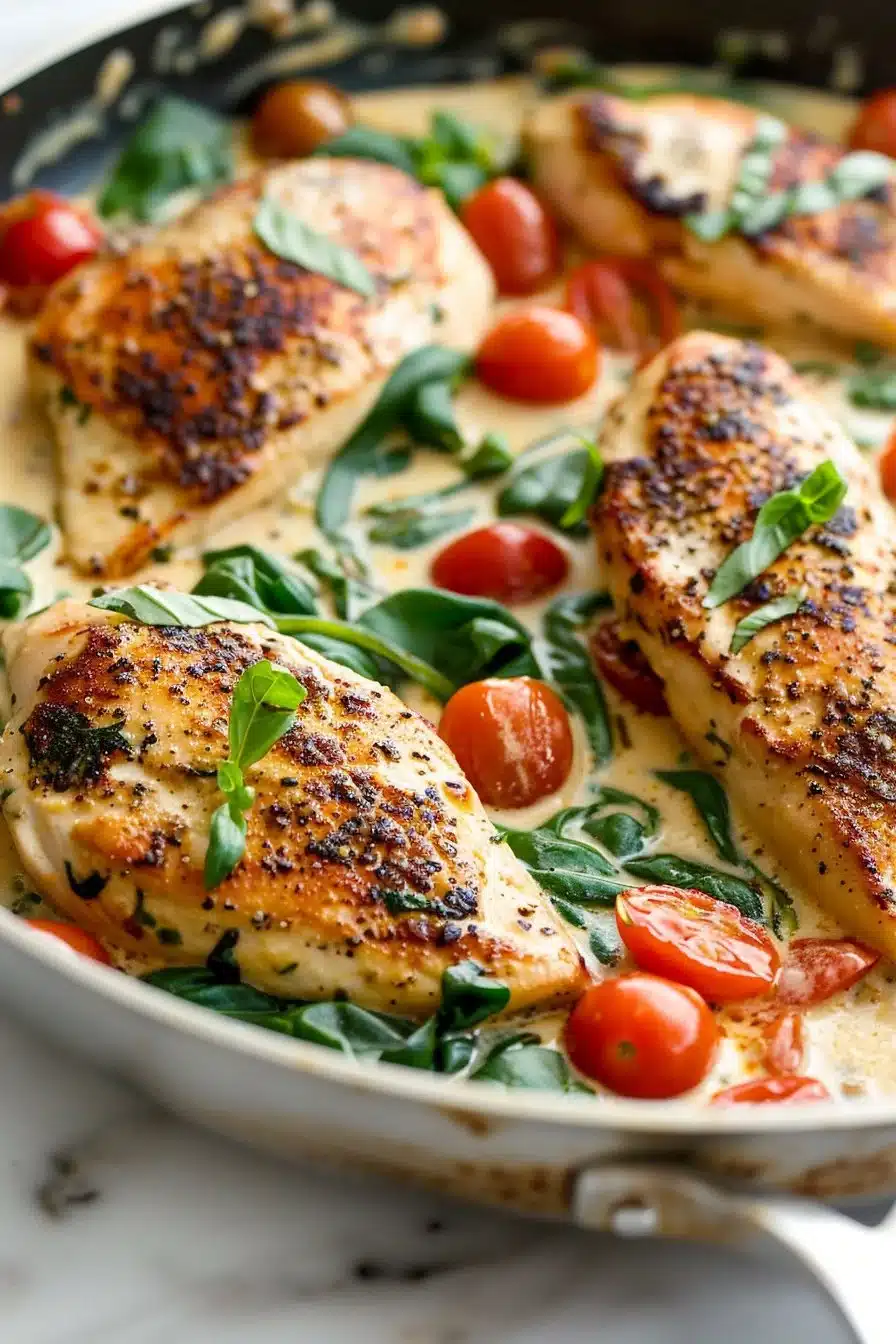 Delicious keto creamy Tuscan chicken skillet garnished with herbs.