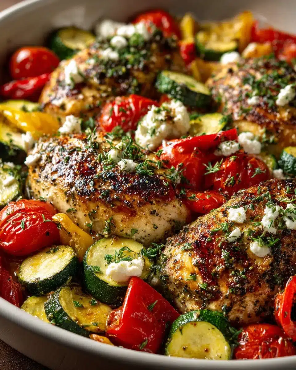 Baked Mediterranean Chicken with zucchini, olives, and herbs, served in a platter.