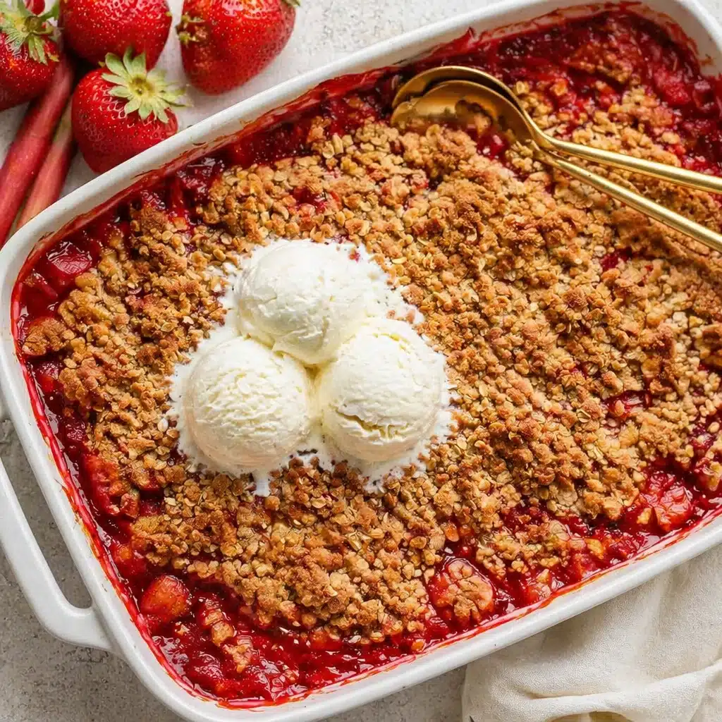 Delicious Old Fashioned Strawberry Rhubarb Crisp with crunchy oat topping.