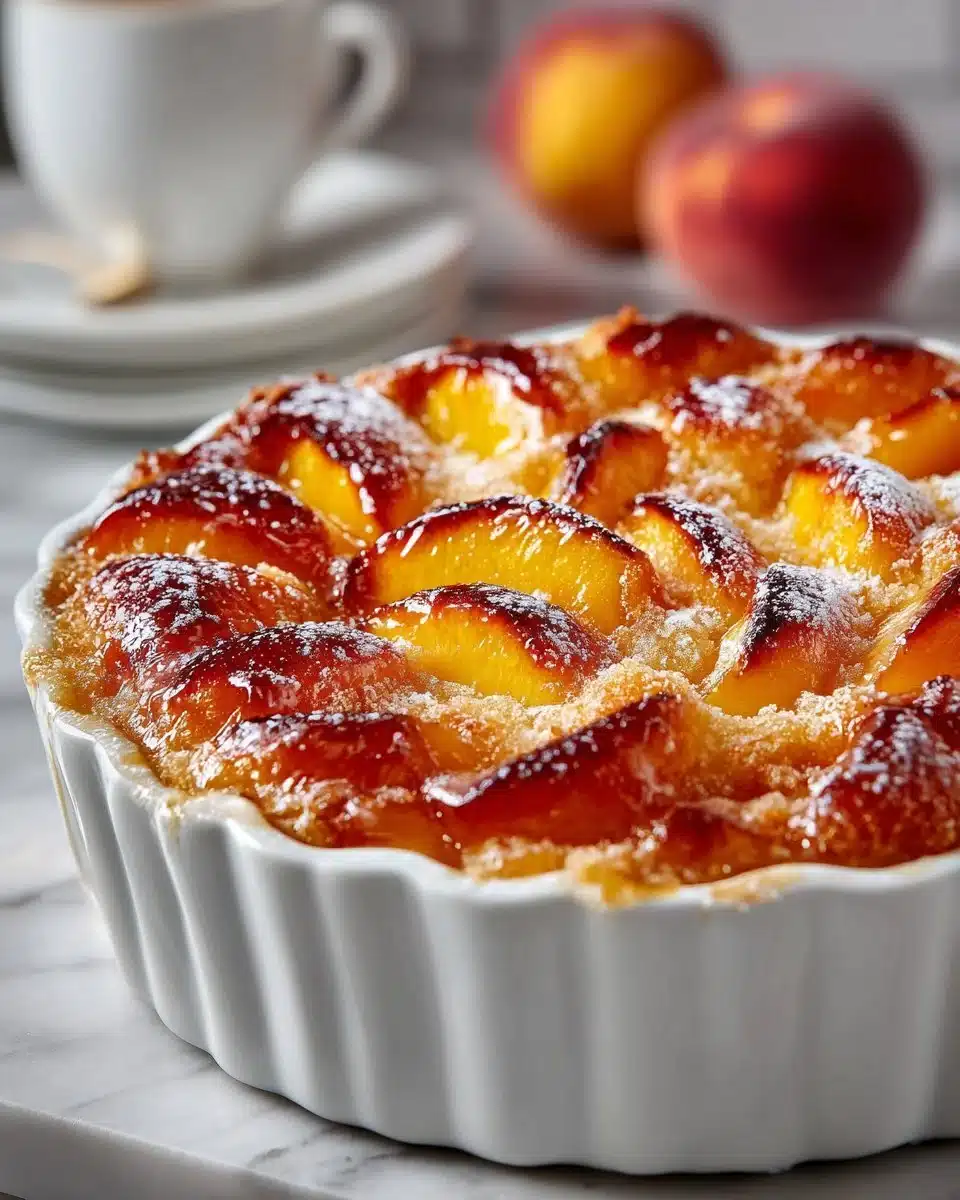 Southern style peach cobbler with crust and fresh peaches