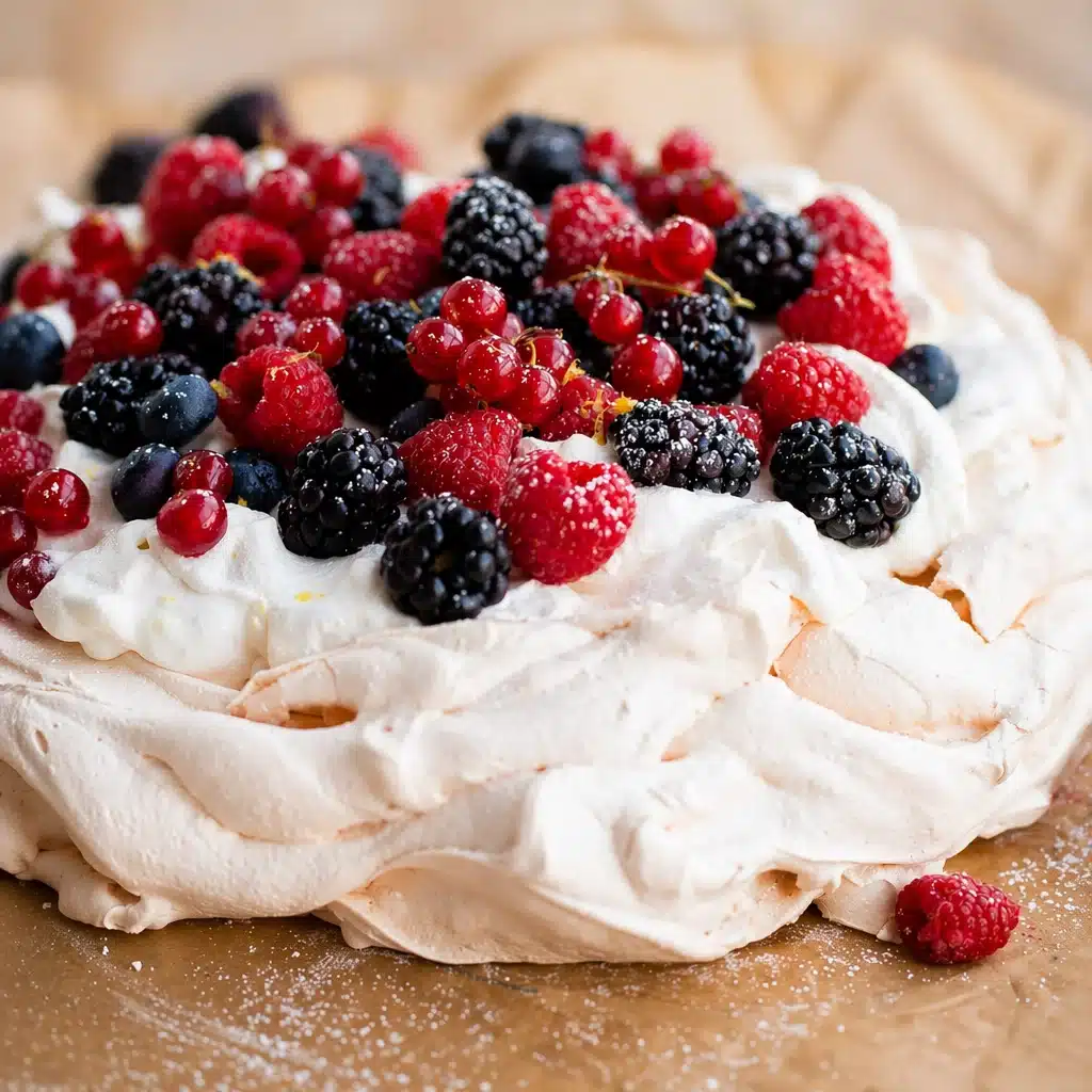 Best Summer Berry Pavlova topped with whipped cream and fresh mixed berries.