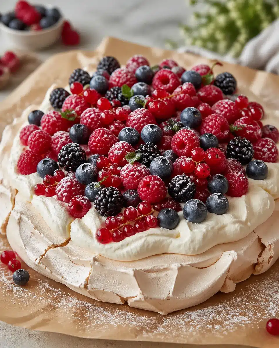 Best Summer Berry Pavlova with Whipped Cream