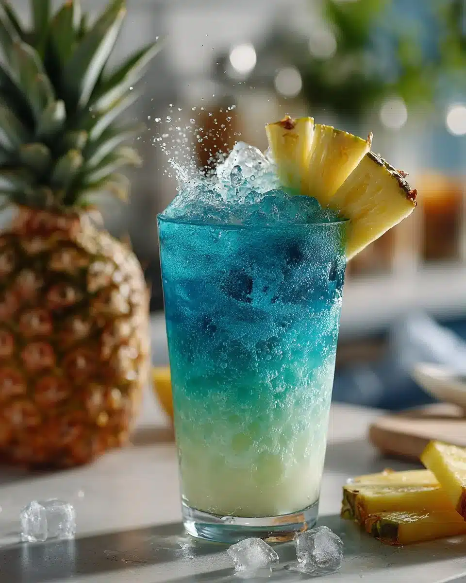 Refreshing Blue Curacao Mocktail garnished with citrus slices and mint leaves.