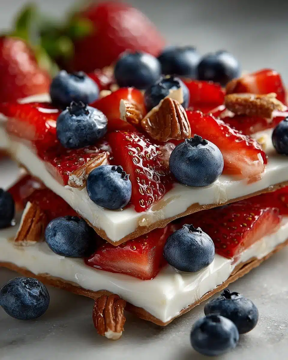 Blueberry and Strawberry Greek Yogurt Bark garnished with fresh fruits.