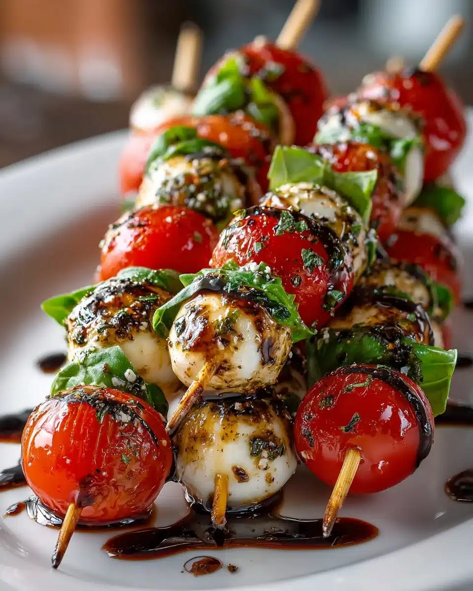 Caprese Skewers drizzled with balsamic glaze on a serving platter