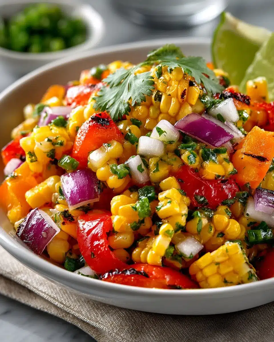 Delicious charred bell pepper and sweet corn salsa served in a bowl