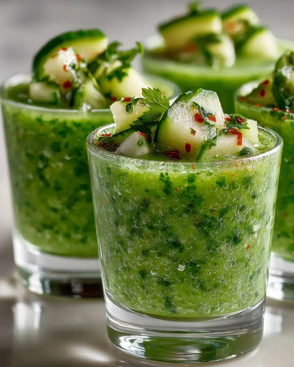 Chilled cucumber gazpacho shooters served in elegant glasses