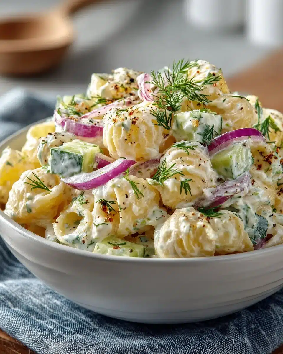 Classic creamy dill macaroni salad served in a bowl, garnished with fresh dill.