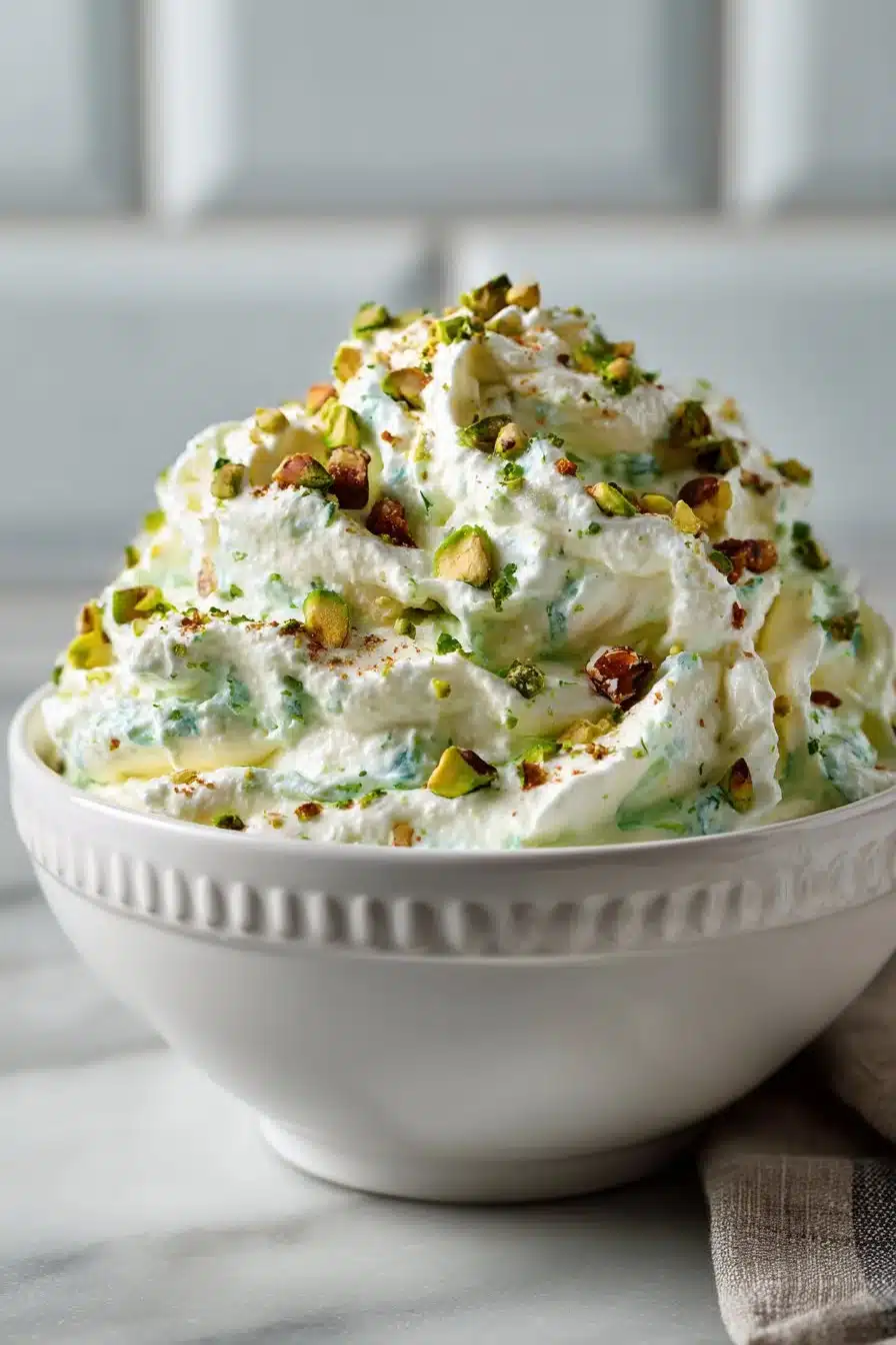 Creamy Pistachio Fluff Dessert Salad served in a bowl with toppings.