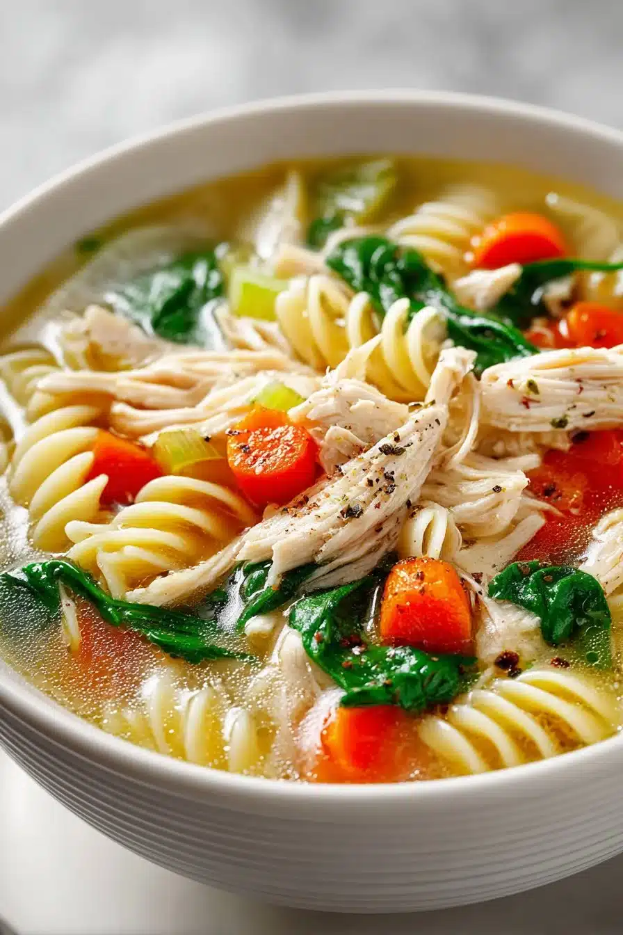Bowl of classic healthy chicken noodle soup made from scratch