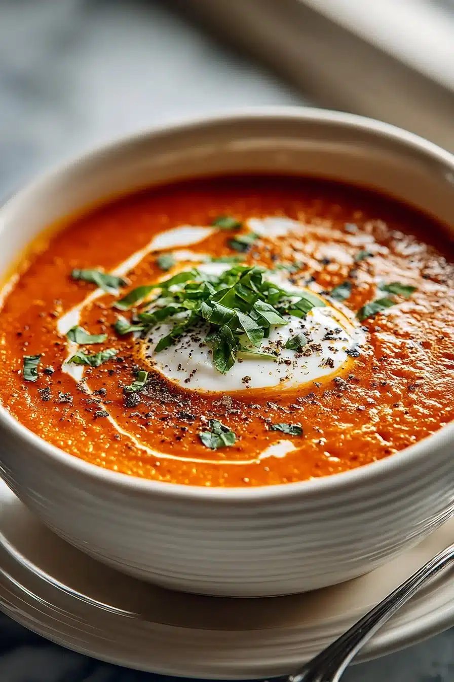Bowl of classic homemade creamy tomato basil soup with fresh basil garnish
